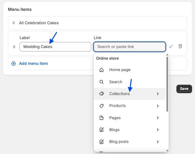 a screenshot of a menu page with a link link highlighted