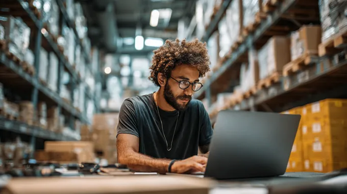 a man working on a laptop in a warehouse