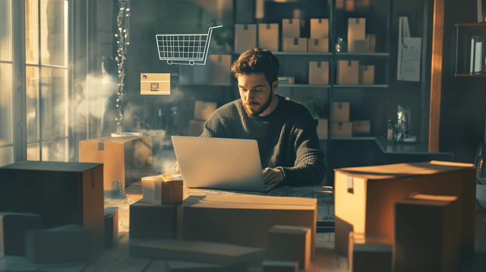 E-commerce merchant sitting at a table working on a laptop surrounded by empty boxes with a floating shopping cart symbol