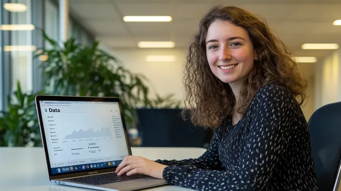 a woman sitting in front of a laptop on the screen there's a line graph