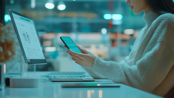 a woman sitting at a desk using a cell phone