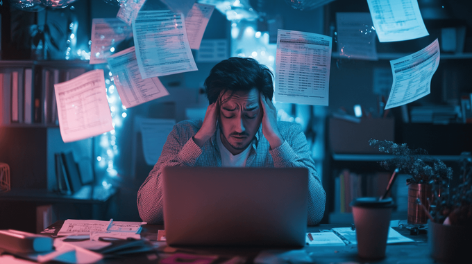 Stressed e-commerce merchant sitting in front of a laptop surrounded by floating spreadsheets of dummy data