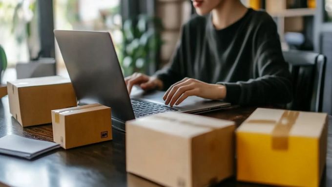 a woman sitting at a table working on a laptop