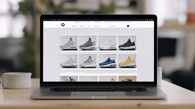 A laptop computer sitting on top of a wooden desk displaying multiple images of products on a Shopify store