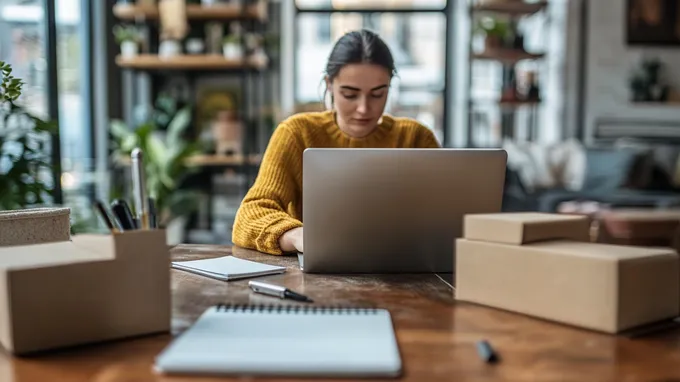 a woman sitting at a table working on a laptop