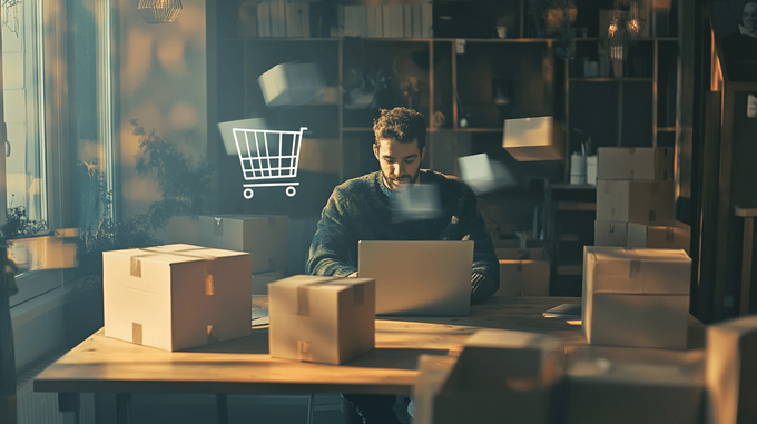 eCommerce merchant sitting at a table surrounded by empty boxes with a shopping cart floating next to him