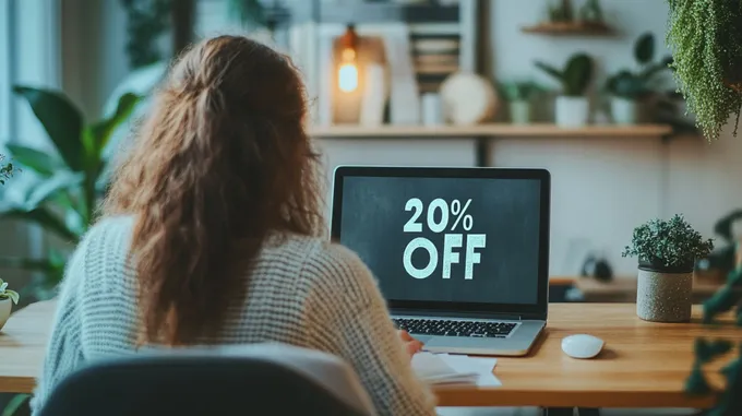 a woman sitting in front of a laptop with a 20 % off, visible