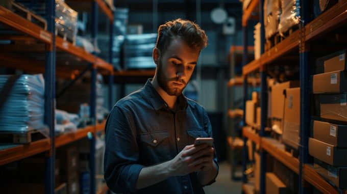 A man in a warehouse looking at a cell phone