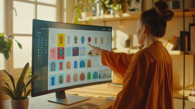 A woman pointing at product variants on a collection page