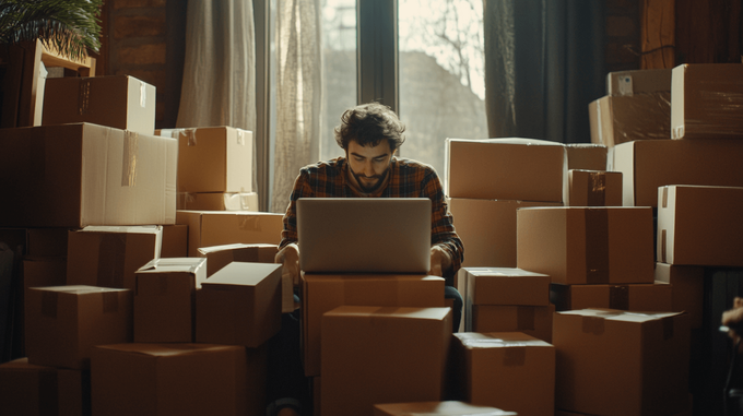 E-Commerce merchant sitting at a table surrounded by boxes for his Shopify store