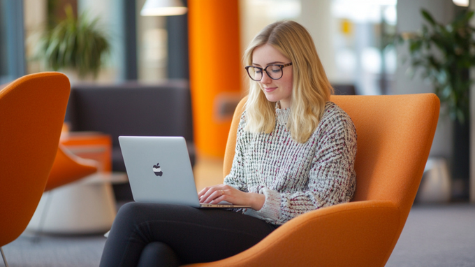 a woman sitting in a chair using a laptop