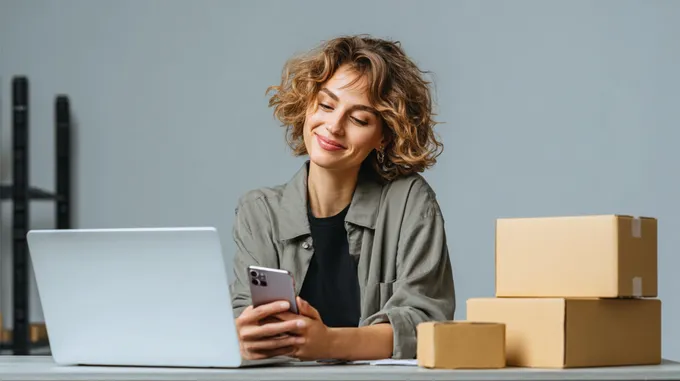 a woman sitting at a table looking at a cell phone, there's empty boxes next to her