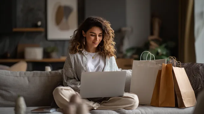 a woman sitting on a couch using a laptop computer