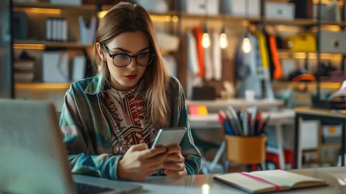 a woman sitting at a desk looking at a cell phone