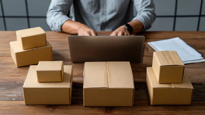 a person sitting at a table with boxes and a laptop