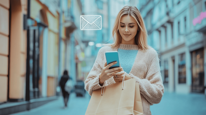 An eCommerce customer receiving a post-purchase follow-up email on her phone while walking down the street holding shopping bags
