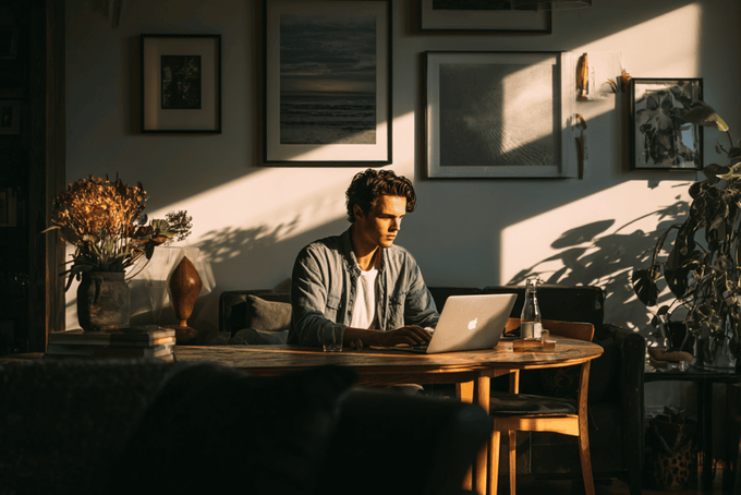 A man sitting at his desk working on his PC.