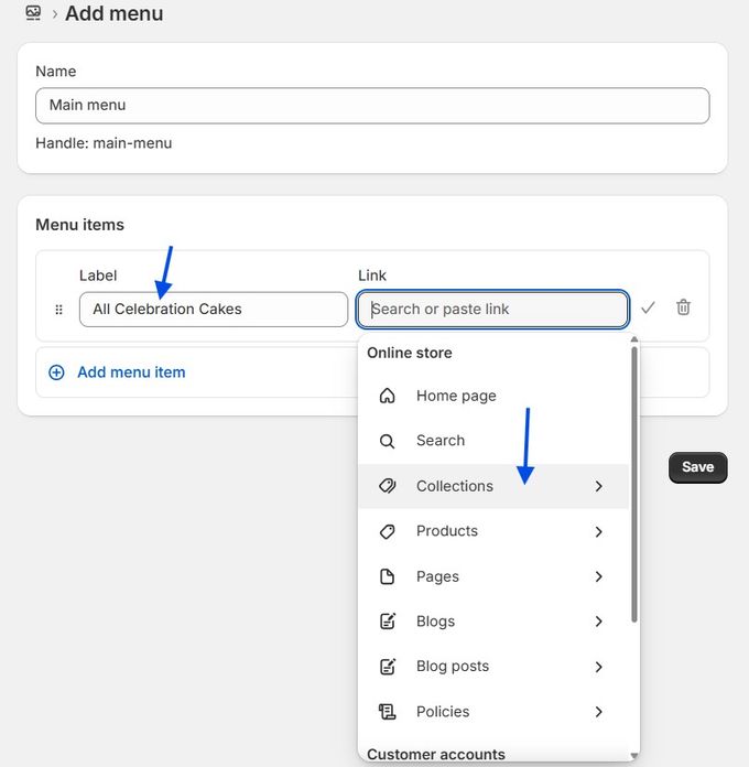 a screenshot of a menu page with the add menu highlighted