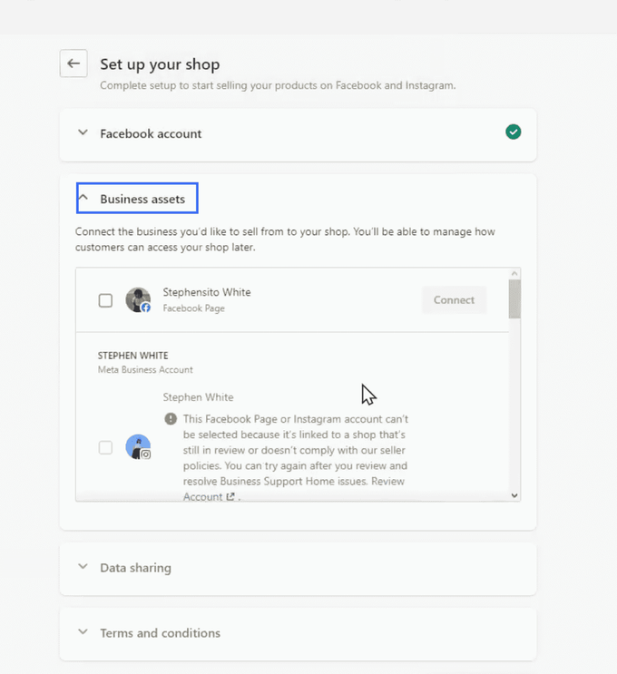 Business Asset Screenshot to choose business assets