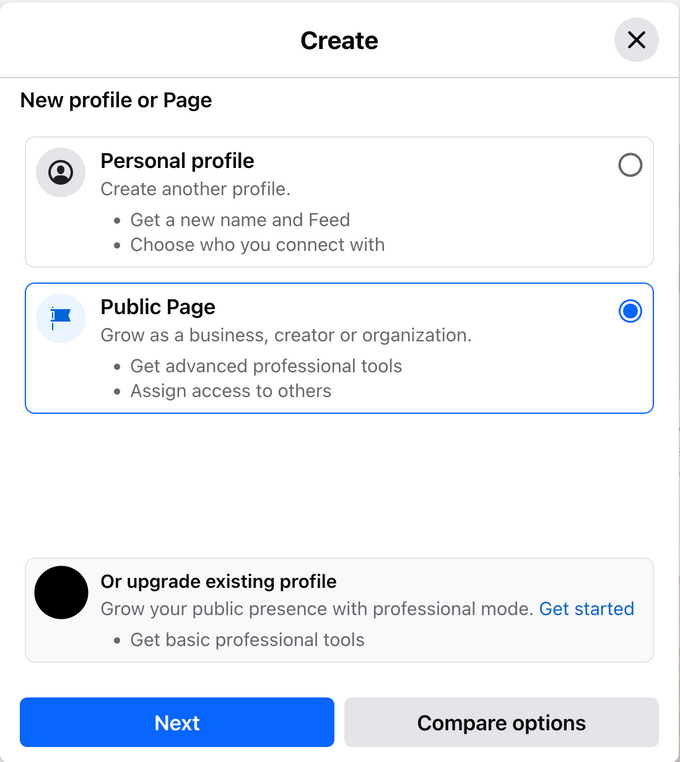 Create FB Page a screenshot showing to create FB Page