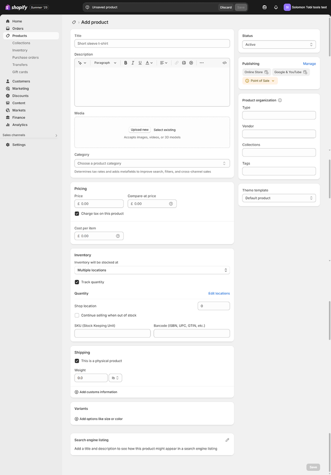 Enter Basic Product Details Screenshot of Shopify page to enter product details