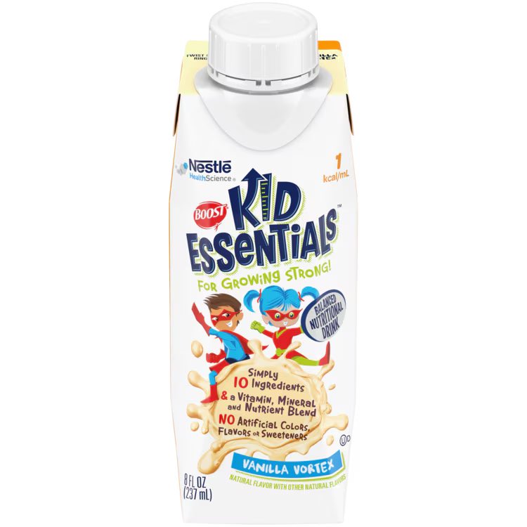 a bottle of kid essentials cereal on a white background