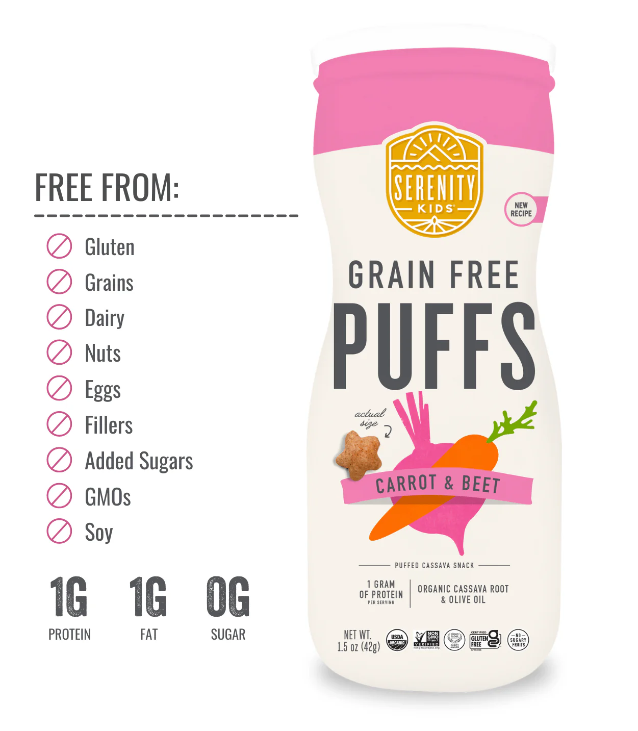 a picture of a bottle of grain free puffs