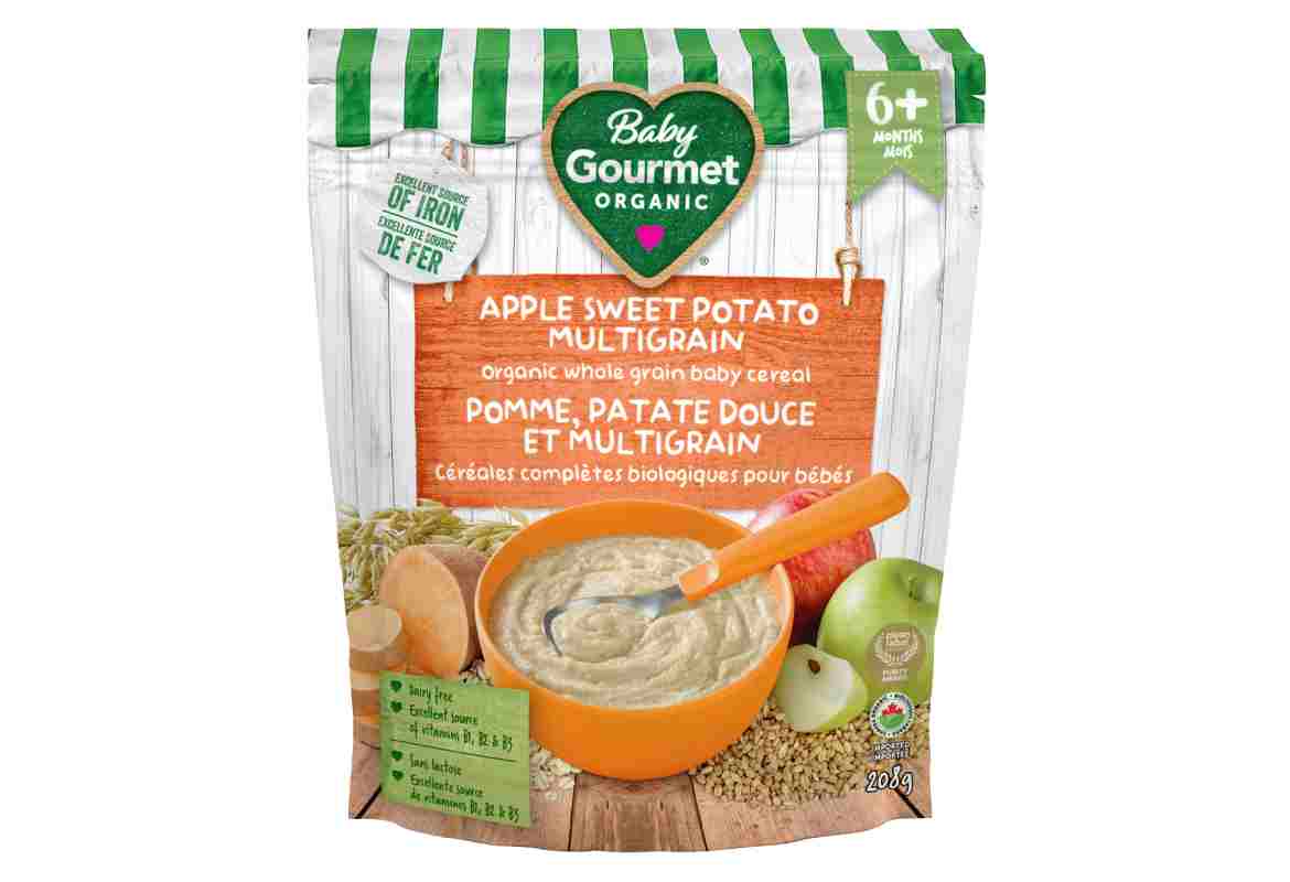 a bag of baby gourmet organic apple sweet potato multigrain