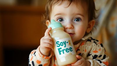 A baby holding a bottle with soy free on it