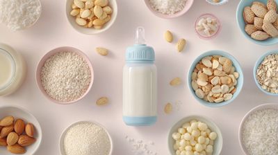 a table topped with bowls of food and a bottle of milk.