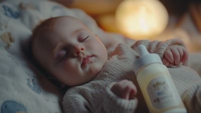 A baby sleeping next to a bottle of baby formula 