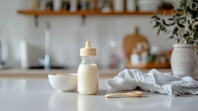 A bottle of milk and a spoon on a counter.