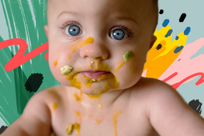 a baby with food all over his face