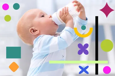 a baby drinking from a bottle next to colorful shapes