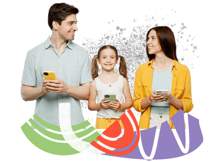 a man and a woman standing next to each other holding cell phones