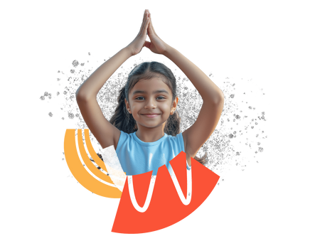 a young girl holding her hands up in the air