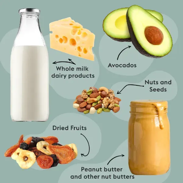 A bottle of milk, nuts, dried fruits, avocado, cheese, and peanut butter as alternatives to weight-gaining shakes.
