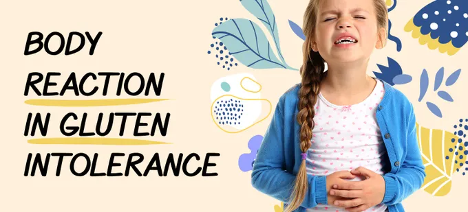 A little girl holding her stomach along with the text "Body reaction in gluten".