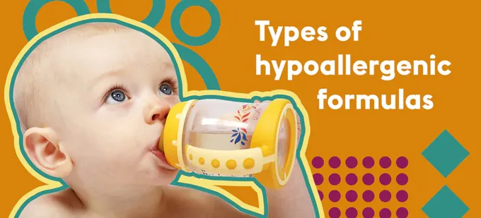 A baby drinking from a sippy cup with the words 'types of hypoallergenic formulas' in the foreground