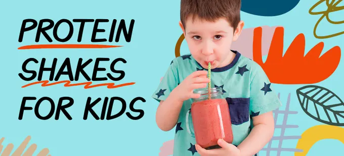 a young boy drinking a smoothie with the words protein shakes for kids