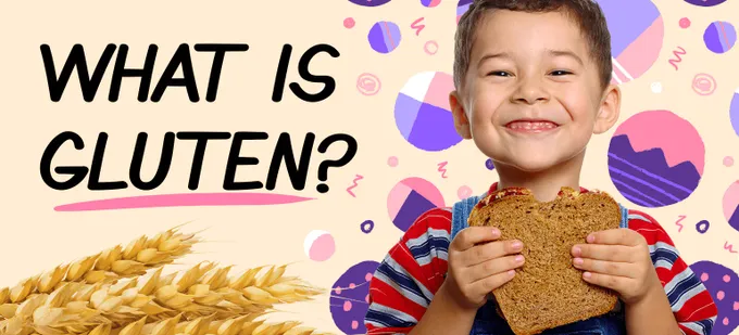 A young boy holding a piece of bread in his hands with the text "What is Gluten?"