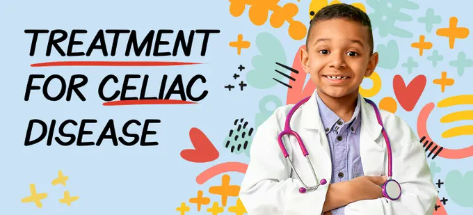 A young boy wearing a white doctor's coat and stethoscope along with the text "Treatment for Celiac Disease".