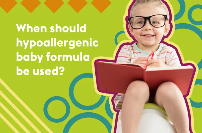 A toddler in glasses sitting on a toilet reading a book with the words 'When should the hypoallergenic baby formula be used?' in the foreground