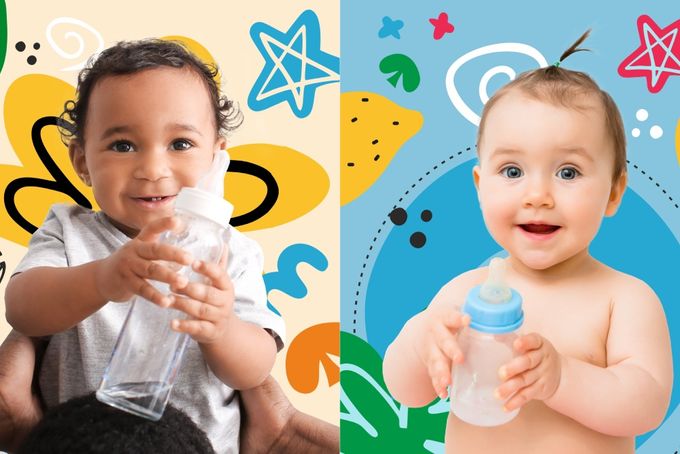 a baby holding a bottle next to a picture of a baby holding a bottle