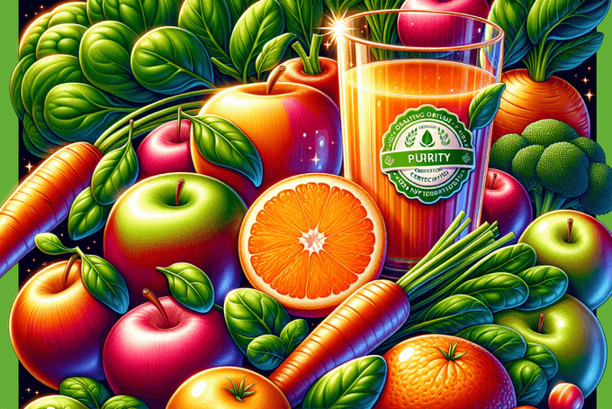 a painting of a glass of juice surrounded by fruits and vegetables