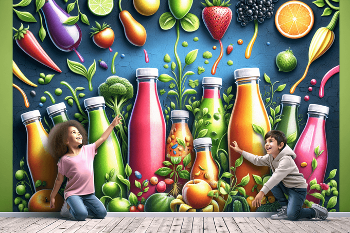 a boy and a girl sitting on the floor in front of a mural of fruit