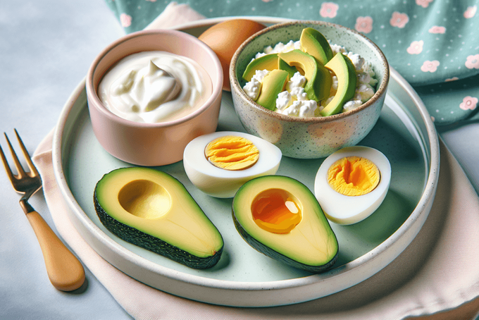 a plate with eggs, avocado, yogurt and a fork