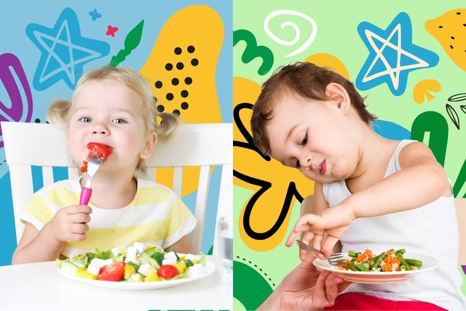 two children sitting at a table eating food