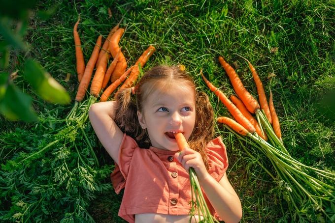 a little girl laying in the grass with carrots