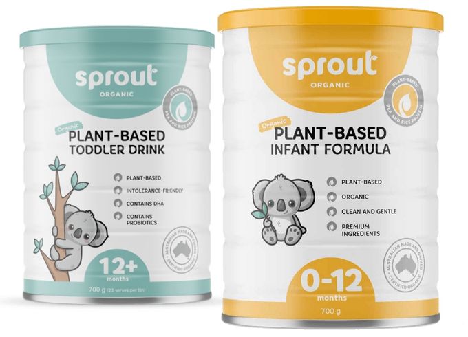 two cans of sprout organic plant based infant formulas